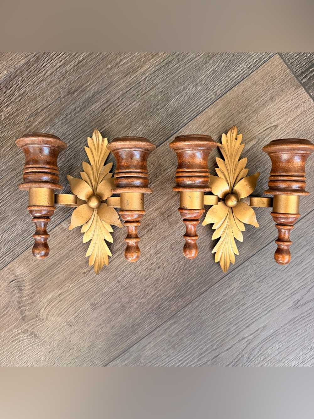 2 Vintage Homco (Home Interiors & Gifts) double wood and gold metal wall sconces
